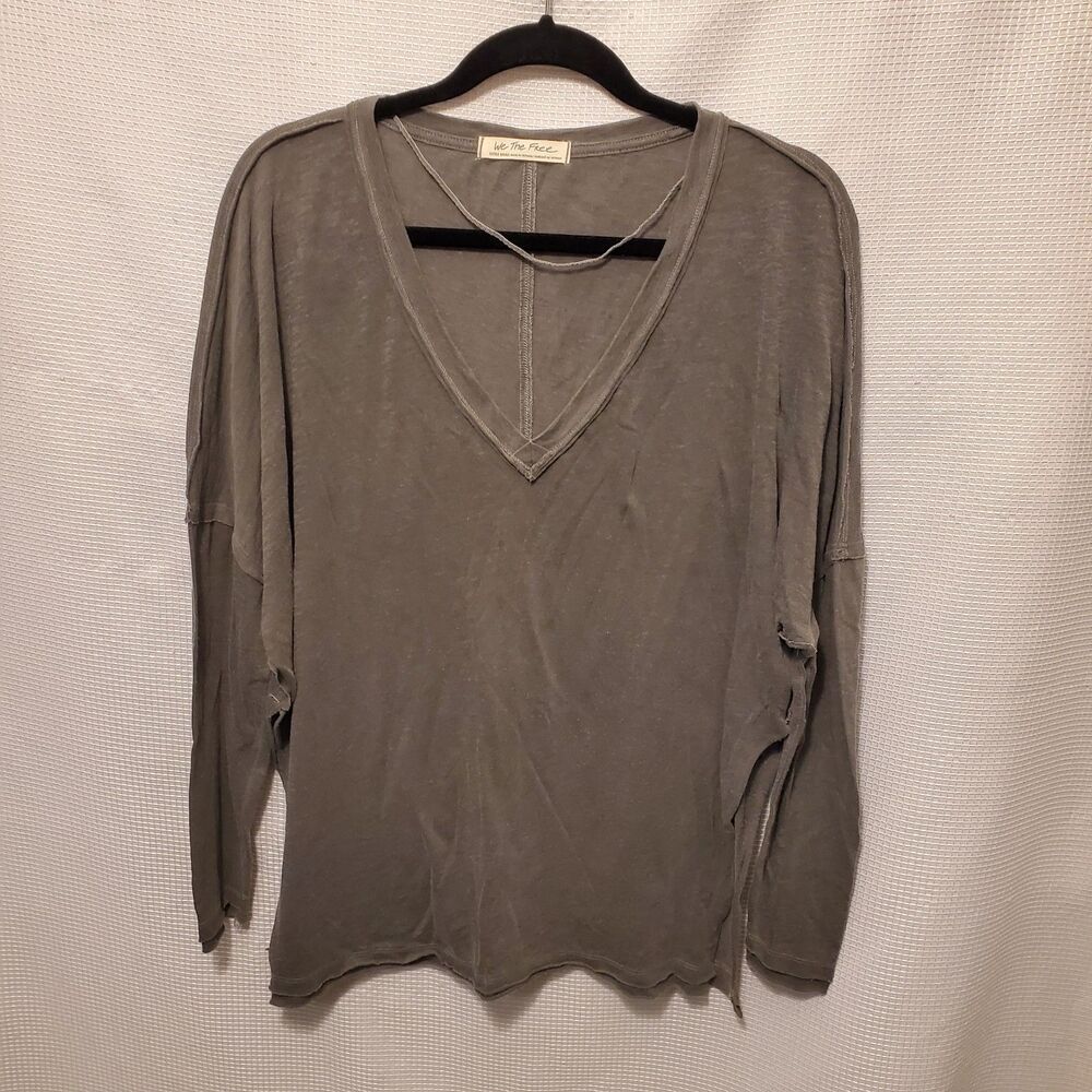 We The Free Free People On My Mind Burnout Oversized V Neck Tee Shirt Gray Sz XS